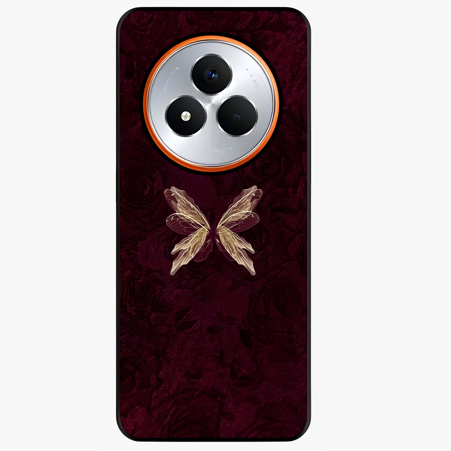 Crimson Fade Butterfly Glass Case showing flat back view with fading butterfly artwork and glossy glass finish.