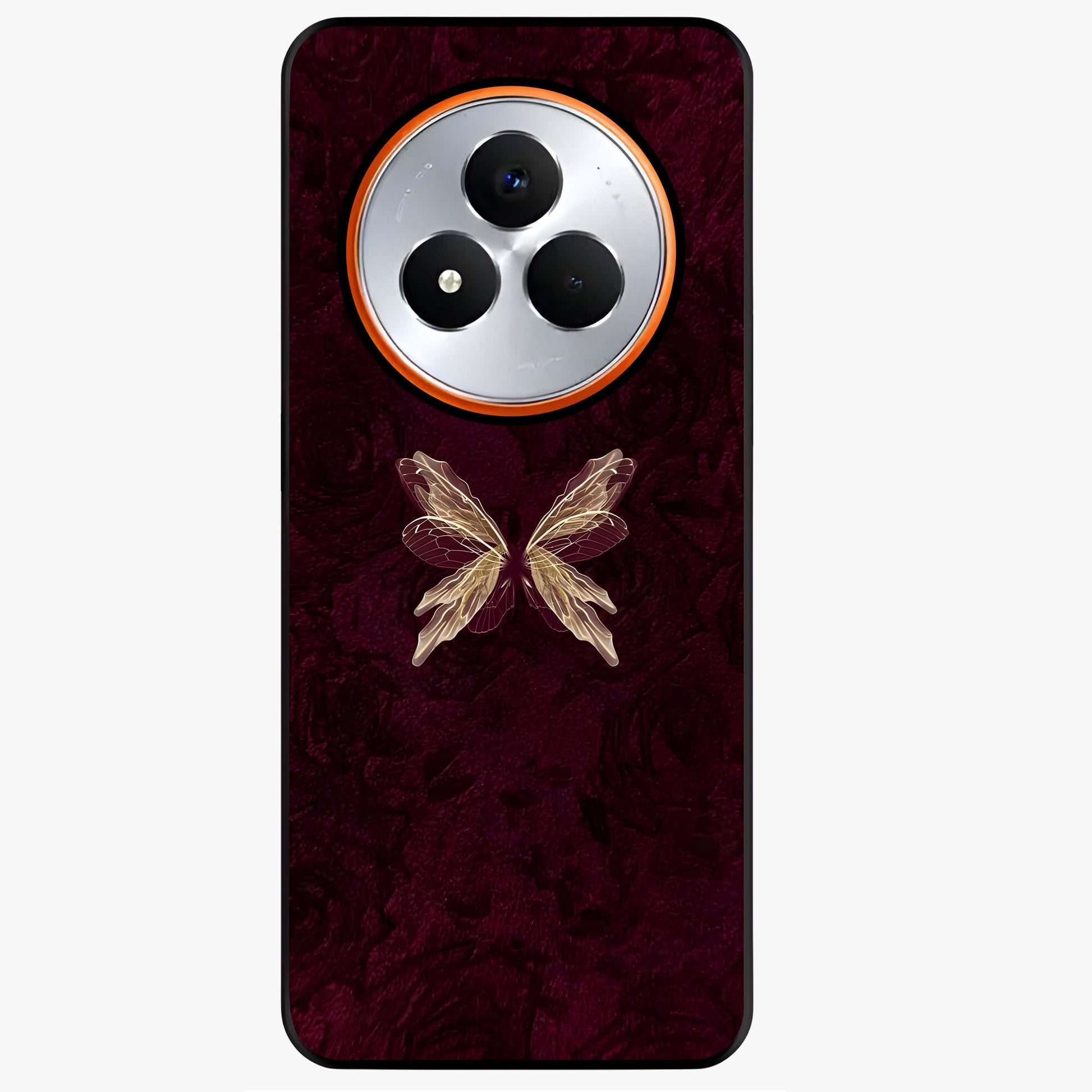 Crimson Fade Butterfly Glass Case showing flat back view with fading butterfly artwork and glossy glass finish.