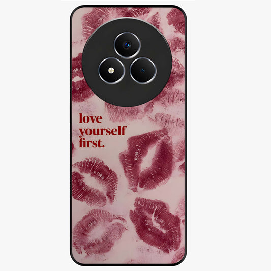 Crimson Kiss Love Glass Case showing flat back view with romantic crimson themed artwork and glossy glass finish.
