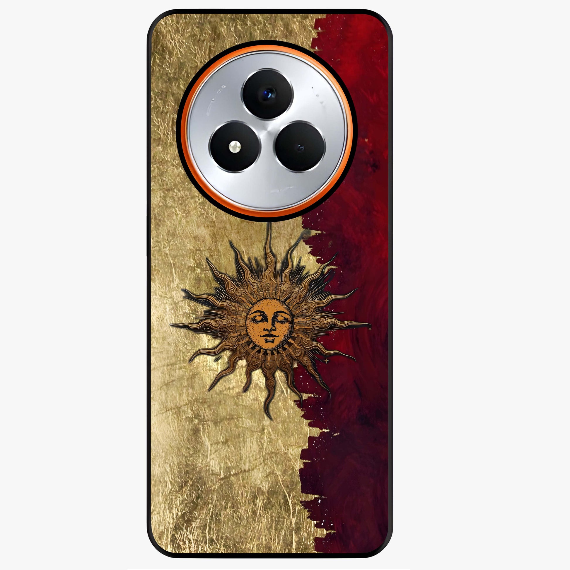 Crimson Sun Majesty Glass Case showing flat back view with radiant sun inspired artwork and glossy glass finish.