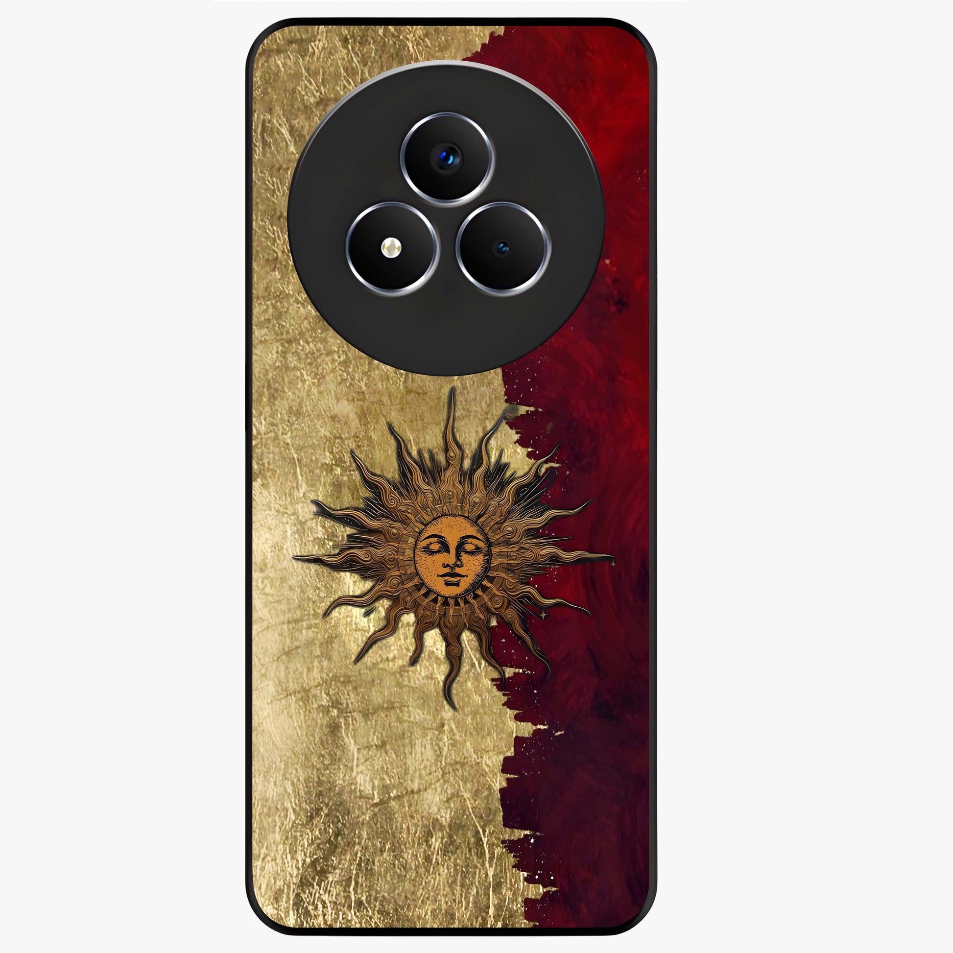Crimson Sun Majesty Glass Case showing flat back view with radiant sun inspired artwork and glossy glass finish.