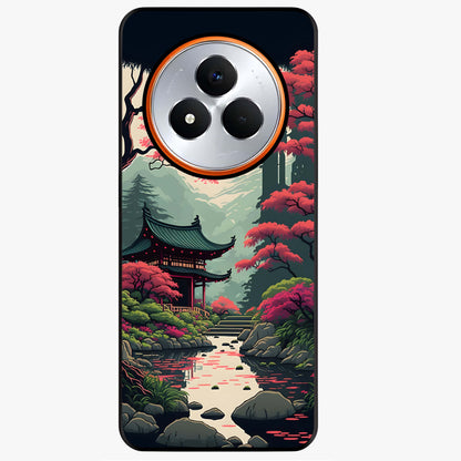 Crimson Temple View Glass Case showing flat back view with temple inspired artwork and glossy glass finish.