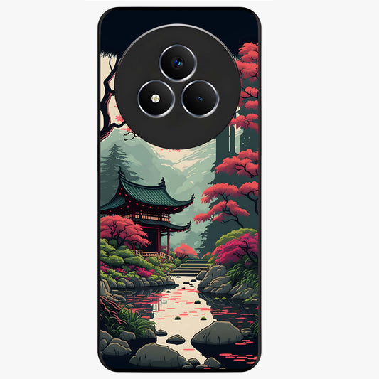 Crimson Temple View Glass Case showing flat back view with temple inspired artwork and glossy glass finish.