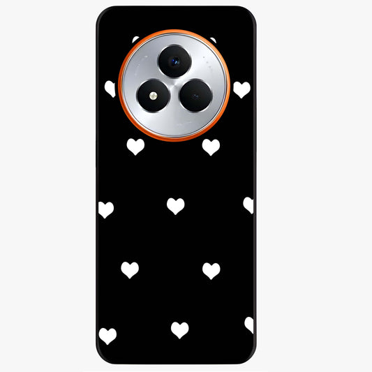 Cute And Simple White Hearts Glass Case showing flat back view with minimal white heart pattern and glossy glass finish.