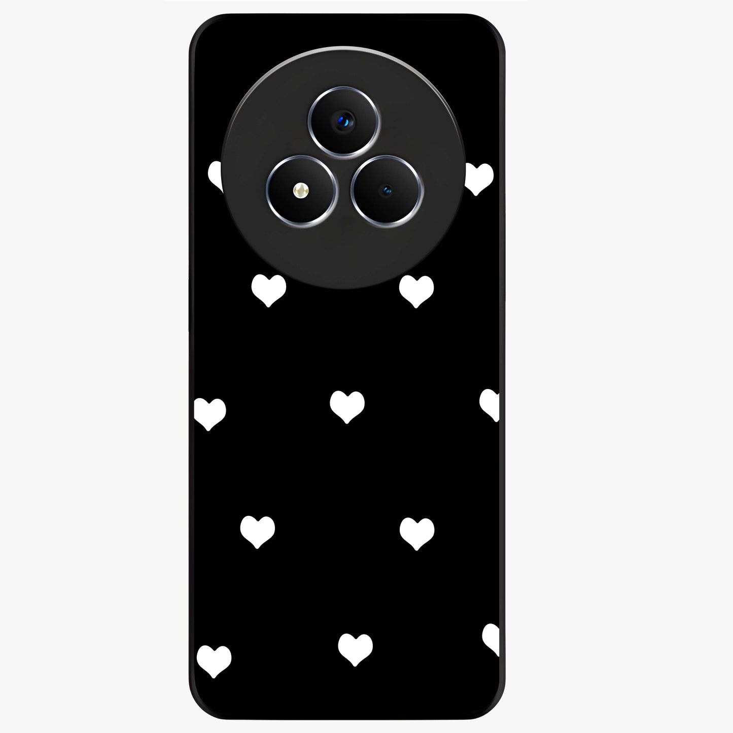 Cute And Simple White Hearts Glass Case showing flat back view with minimal white heart pattern and glossy glass finish.