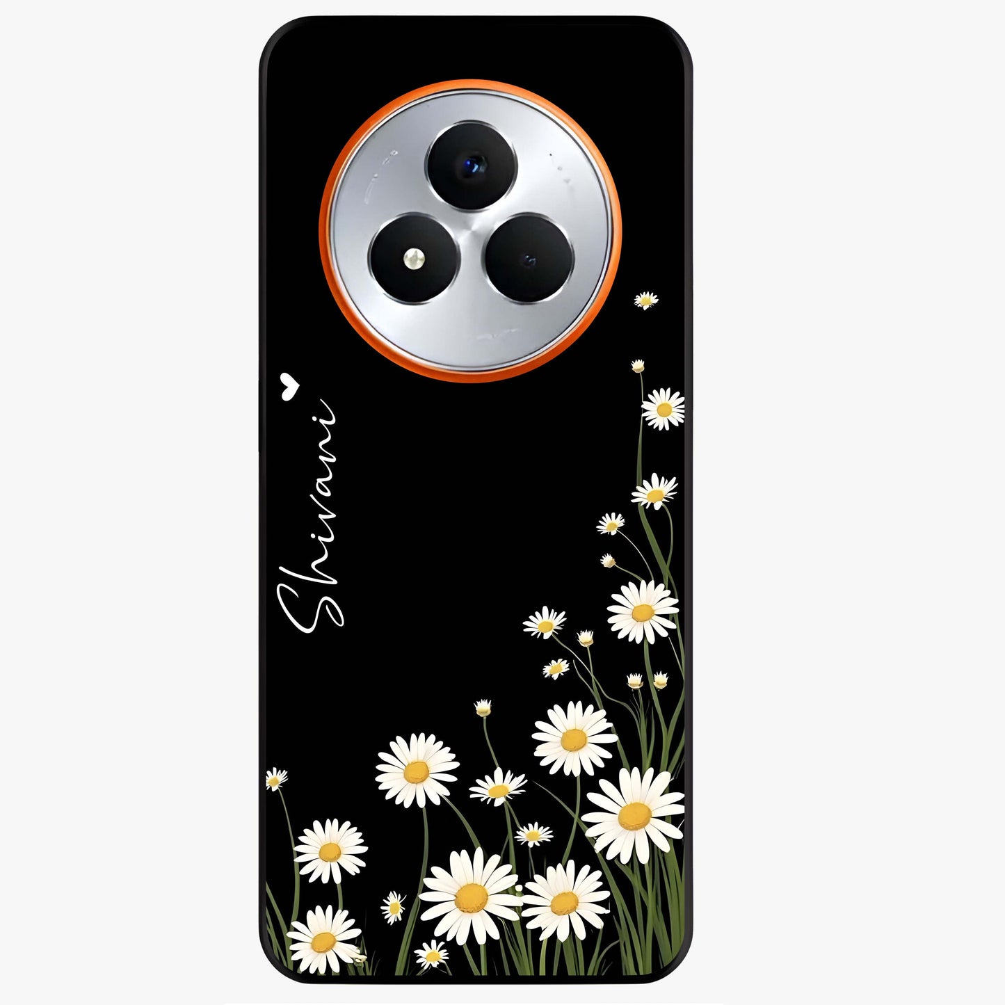 Daisy Cascade Custom Name Glass Case showing flat back view with cascading daisy flowers and personalized name design.