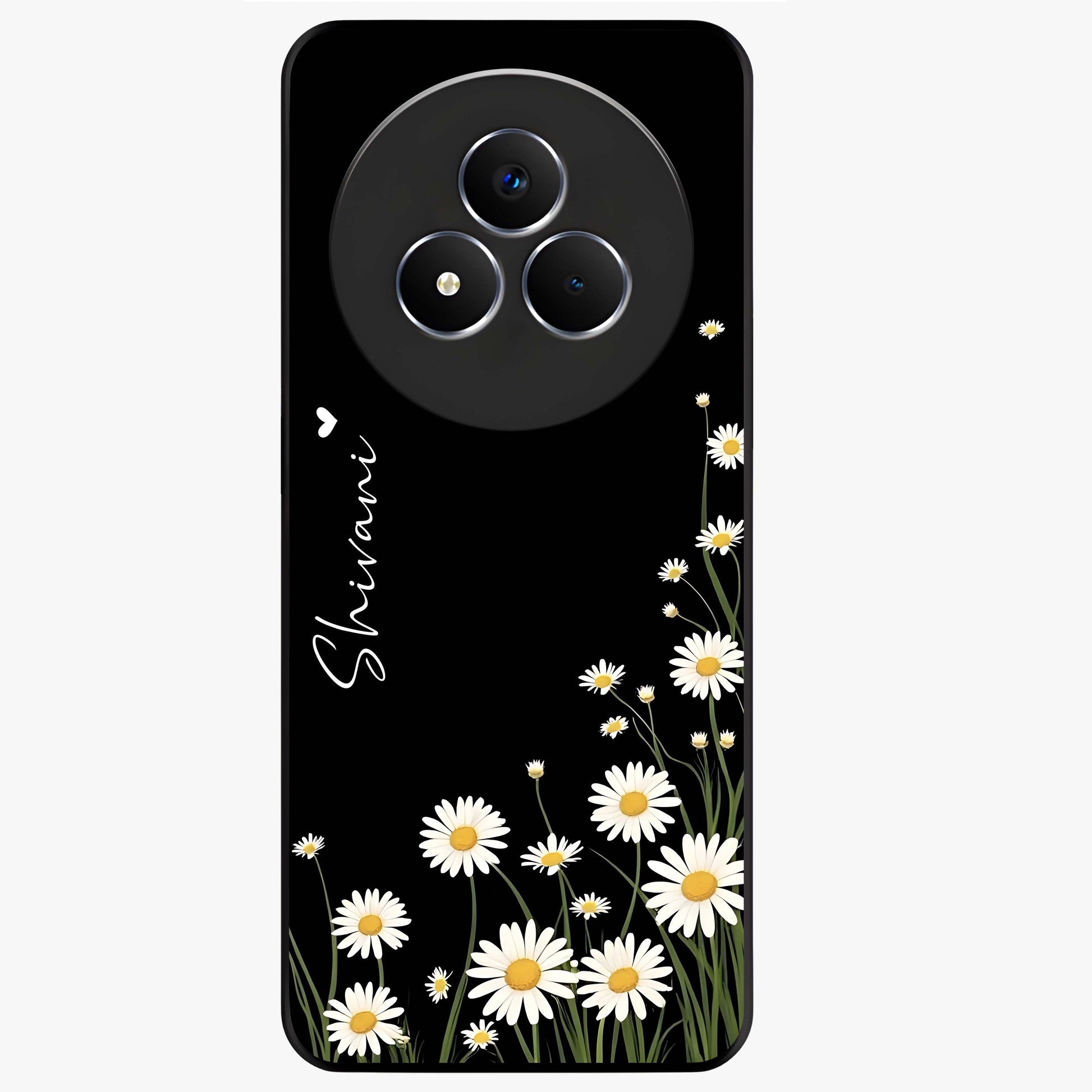Daisy Cascade Custom Name Glass Case showing flat back view with cascading daisy flowers and personalized name design.