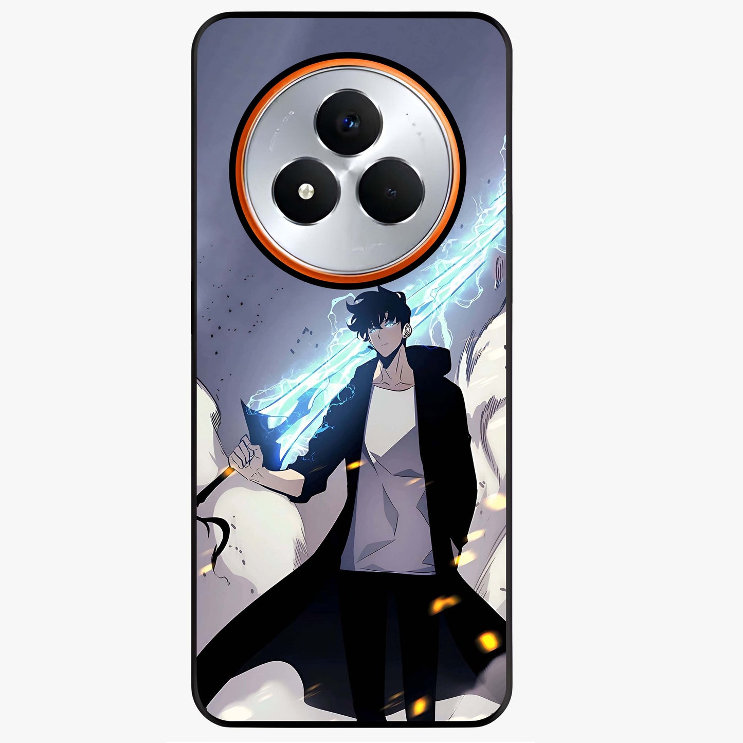 Dark Lightning Anime Warrior Glass Case showing flat back view with intense anime warrior artwork and glossy glass finish.