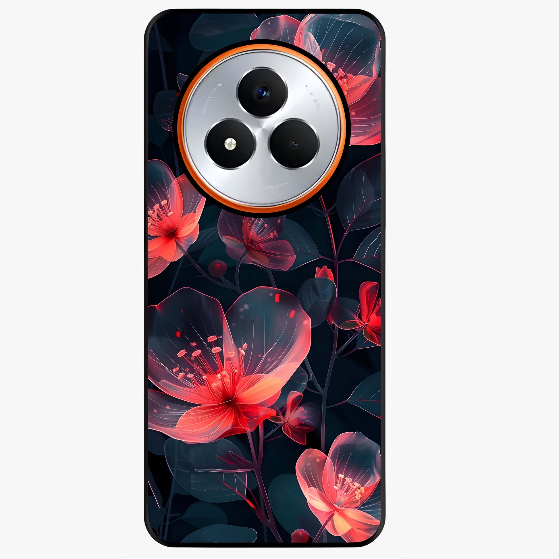 Dark Shade of Flower Glass Case showing flat back view with elegant dark floral artwork and glossy glass finish.