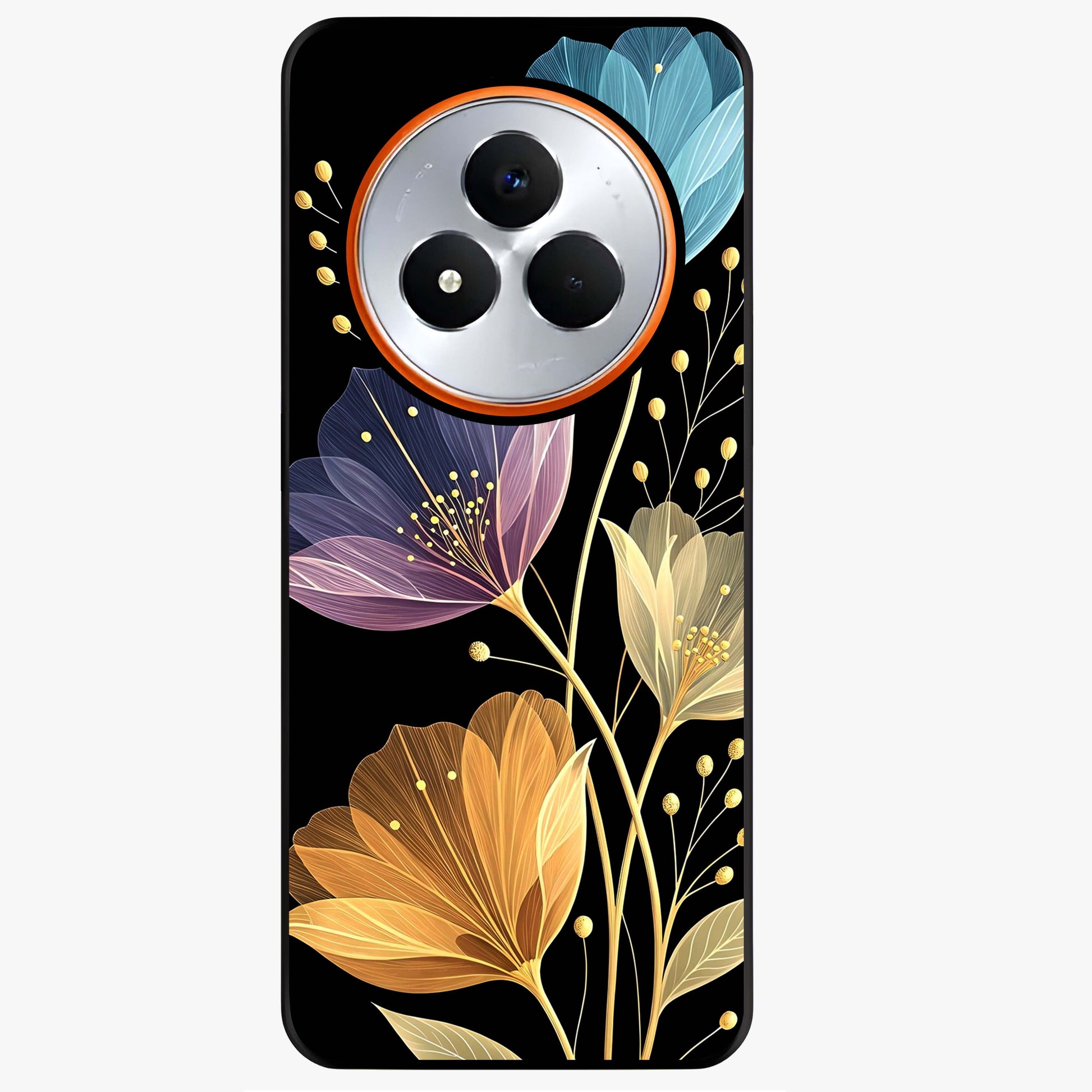 Delicate Multicolor Flowers Glass Case showing flat back view with vibrant floral artwork and glossy glass finish.