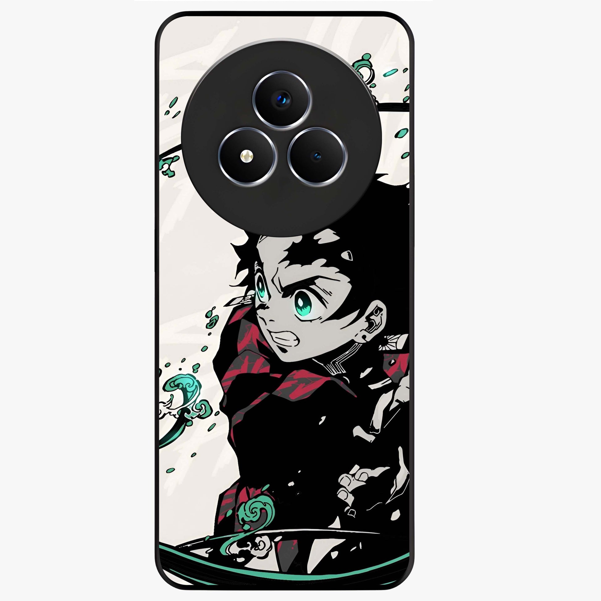 Demon Slayer Glass Case showing flat back view with bold anime inspired artwork and glossy glass finish.