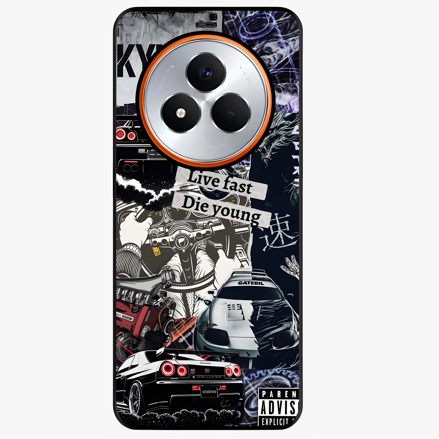 Die Young Glass Case showing flat back view with bold artistic typography design and glossy glass finish.