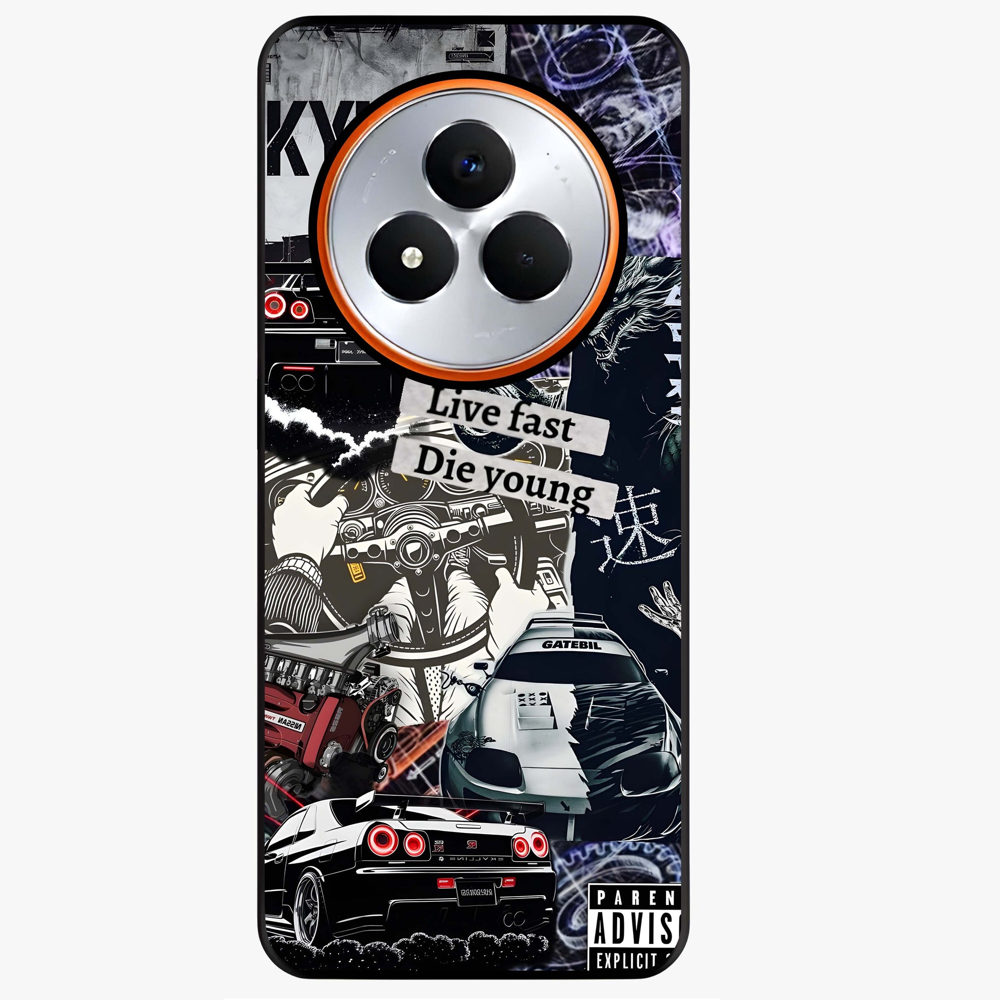 Die Young Glass Case showing flat back view with bold artistic typography design and glossy glass finish.