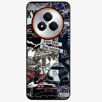 Die Young Glass Case showing flat back view with bold artistic typography design and glossy glass finish.