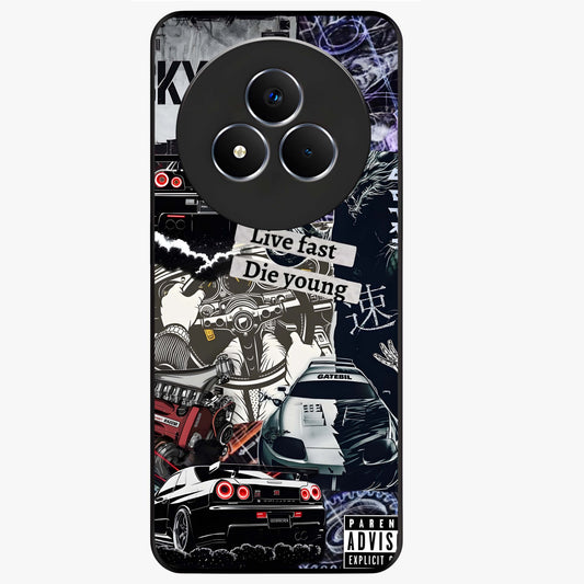 Die Young Glass Case showing flat back view with bold artistic typography design and glossy glass finish.