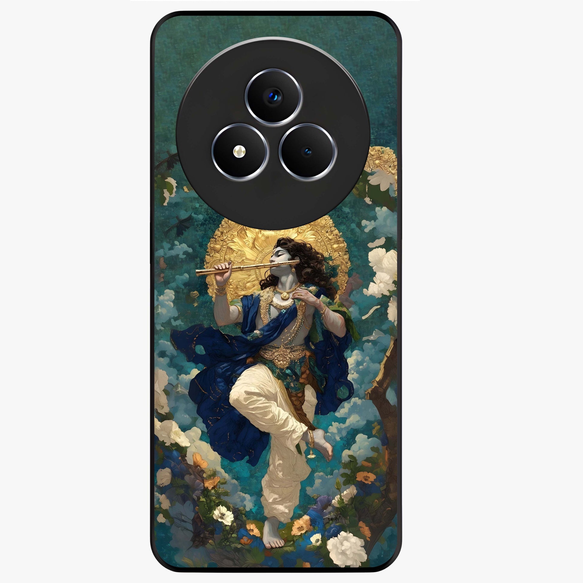 Divine Krishna Art Glass Case showing flat back view with Lord Krishna artwork and glossy glass finish.