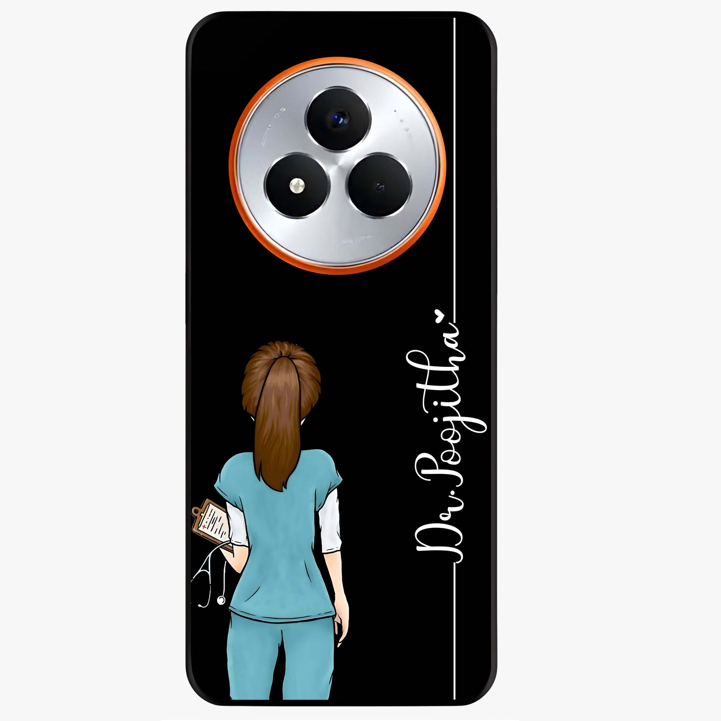 Doctor Pattern Custom Name Glass Case showing flat back view with medical themed pattern and personalized name design.