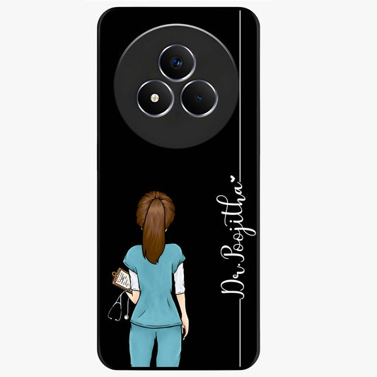 Doctor Pattern Custom Name Glass Case showing flat back view with medical themed pattern and personalized name design.