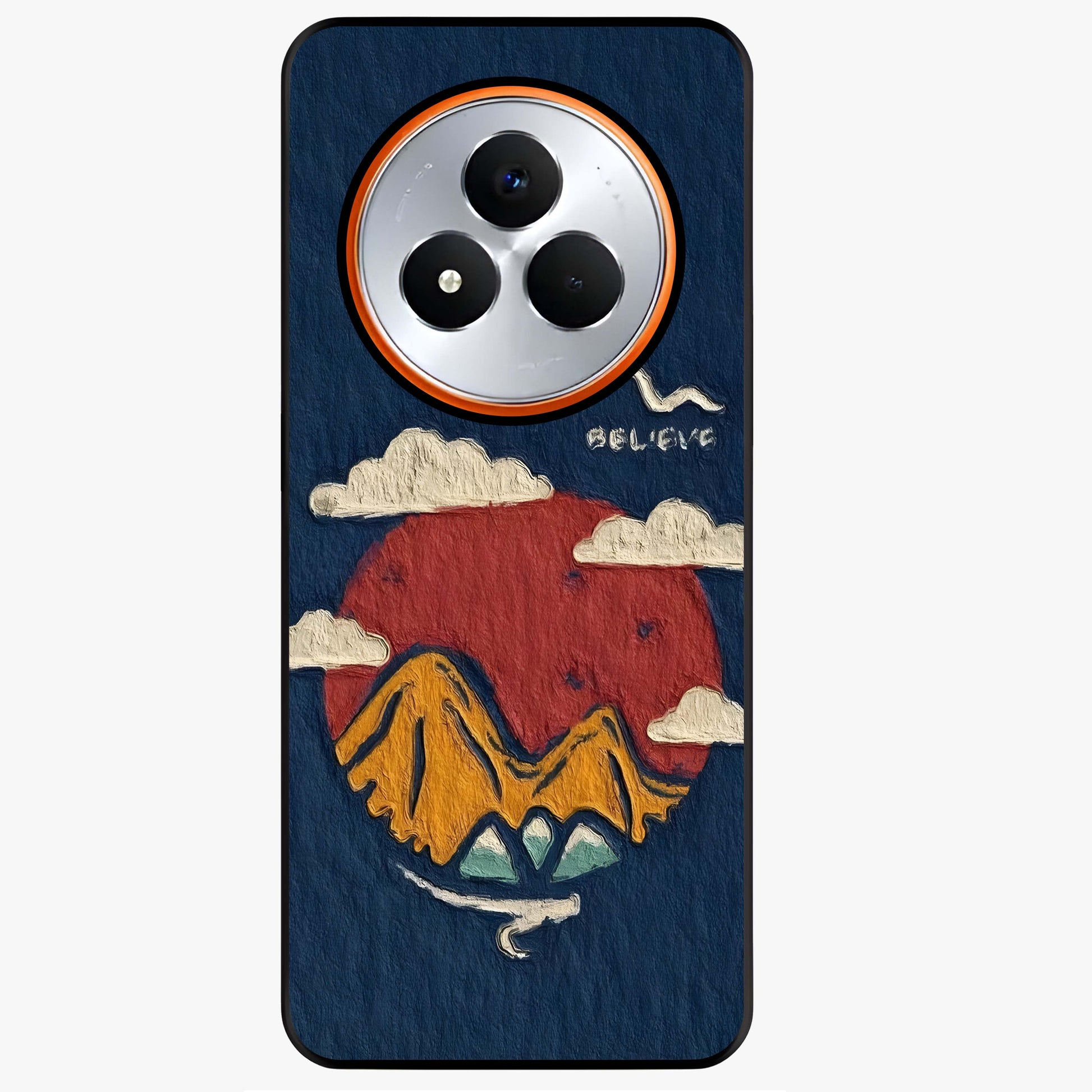 Dream Beyond Mountains Glass Case showing flat back view with scenic mountain landscape artwork and glossy glass finish.
