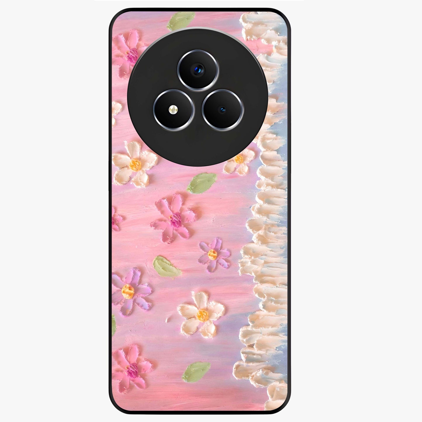 Dreamy Painted Garden Glass Case showing flat back view with artistic painted floral garden artwork and glossy glass finish.