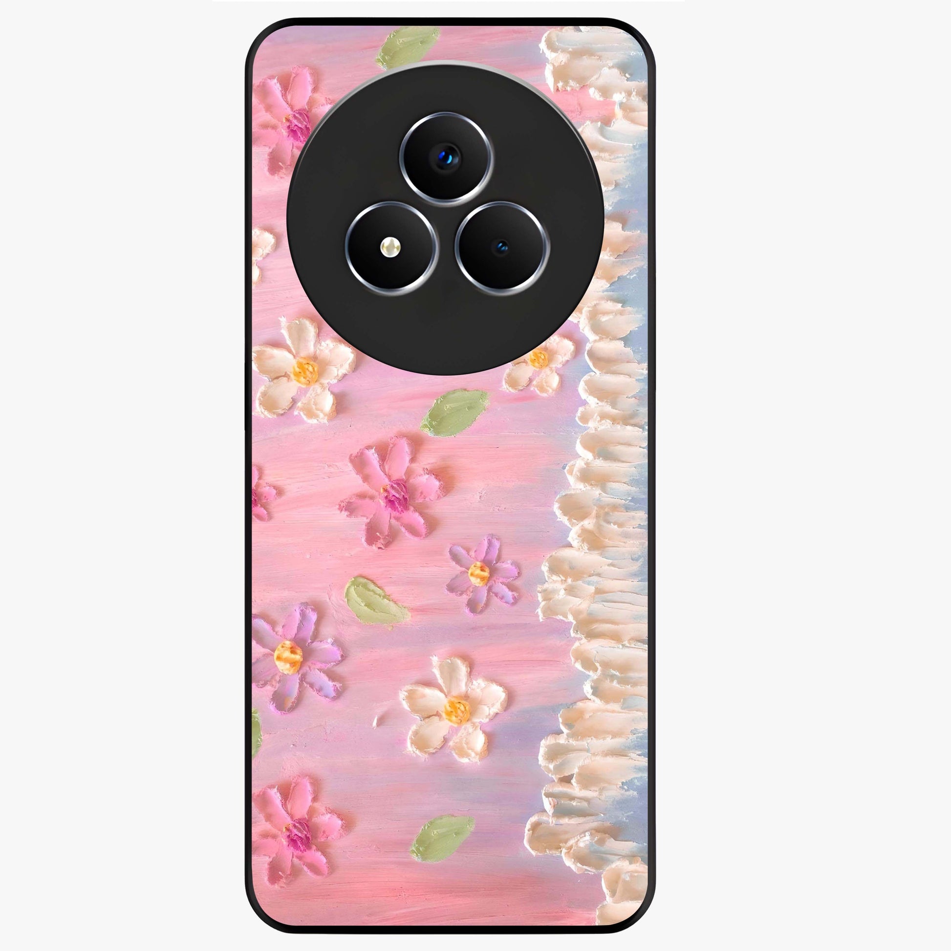 Dreamy Painted Garden Glass Case showing flat back view with artistic painted floral garden artwork and glossy glass finish.