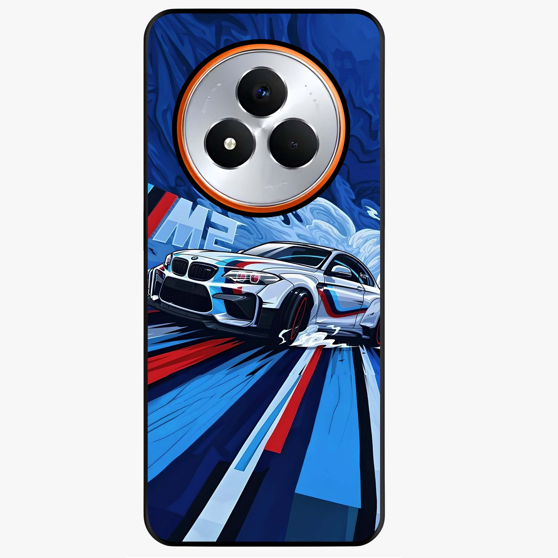 Drift Power Rush Glass Case showing flat back view with dynamic racing inspired artwork and glossy glass finish.