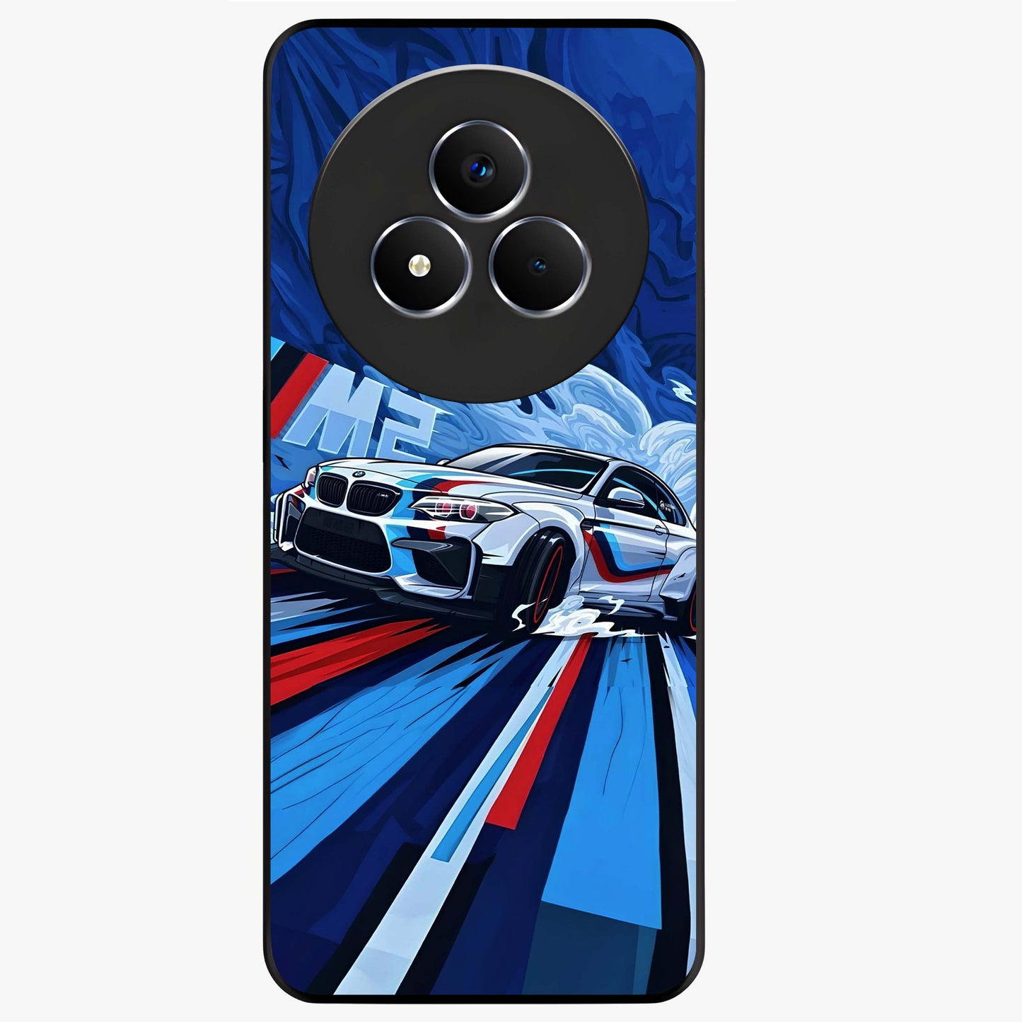 Drift Power Rush Glass Case showing flat back view with dynamic racing inspired artwork and glossy glass finish.