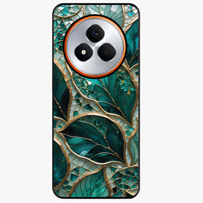 Emerald Leaf Glass Glass Case showing flat back view with emerald green leaf artwork and glossy glass finish.