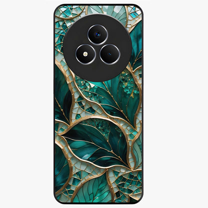 Emerald Leaf Glass Glass Case showing flat back view with emerald green leaf artwork and glossy glass finish.