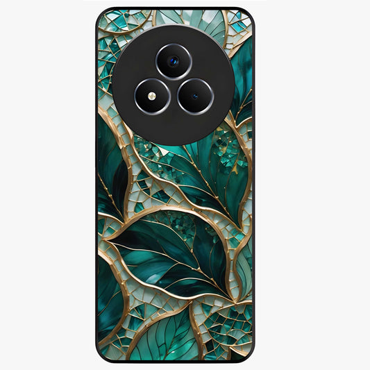 Emerald Leaf Glass Glass Case showing flat back view with emerald green leaf artwork and glossy glass finish.