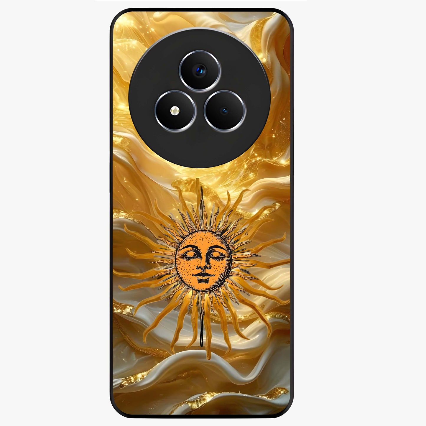 Eternal Golden Glow Glass Case showing flat back view with radiant golden themed artwork and glossy glass finish.