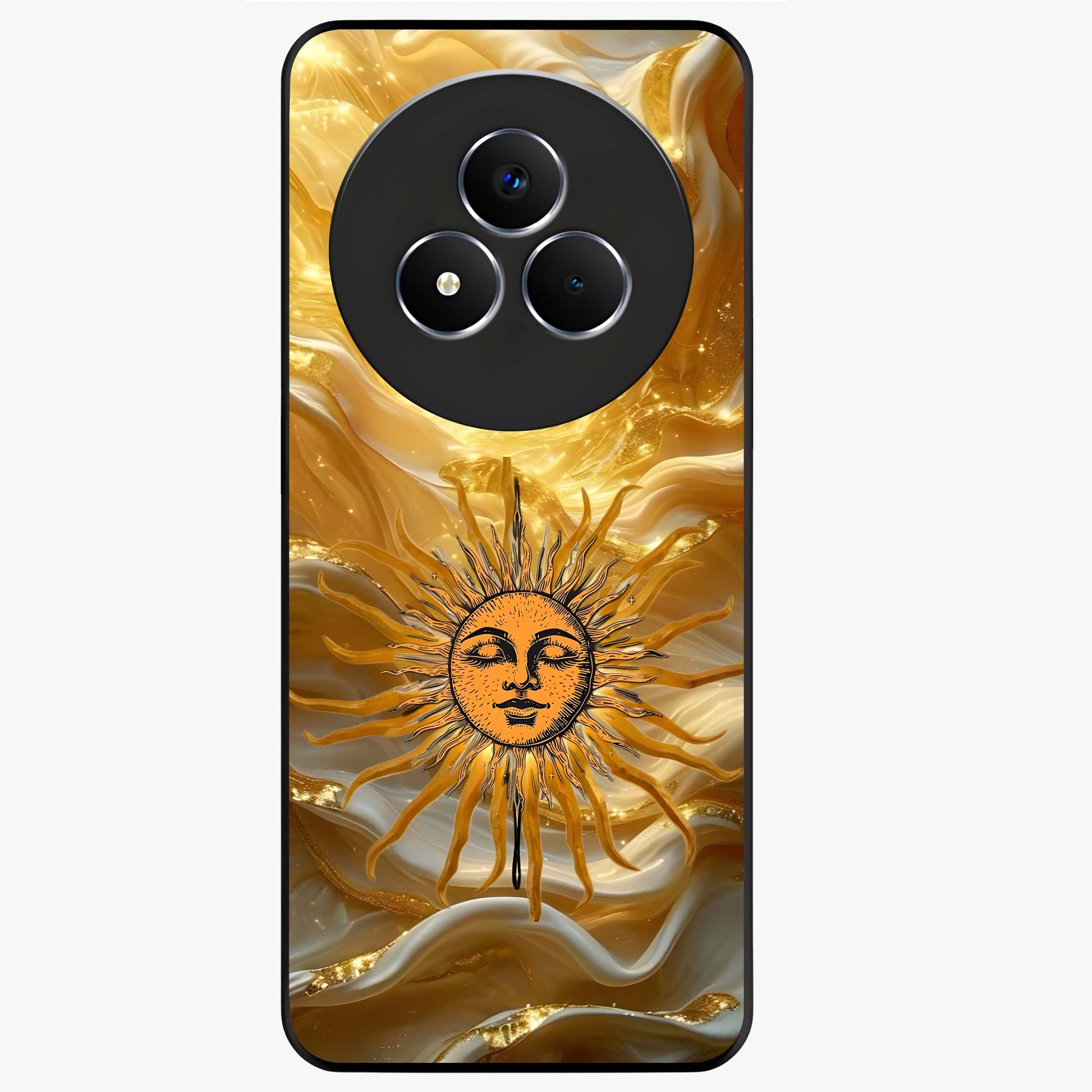 Eternal Golden Glow Glass Case showing flat back view with radiant golden themed artwork and glossy glass finish.