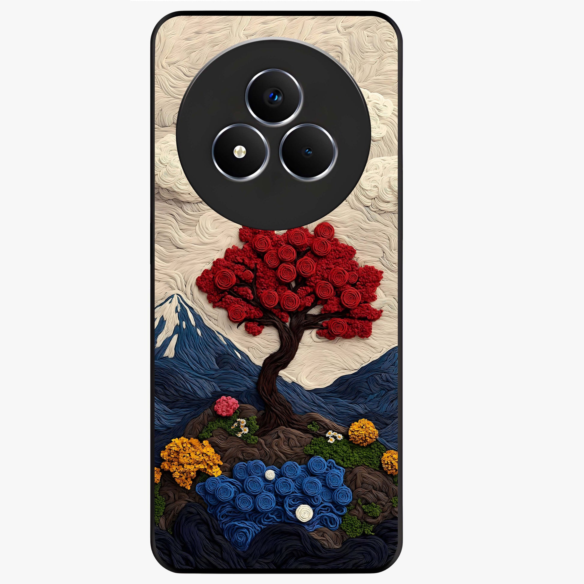 Eternal Nature Tapestry Glass Case showing flat back view with intricate nature tapestry artwork and glossy glass finish.