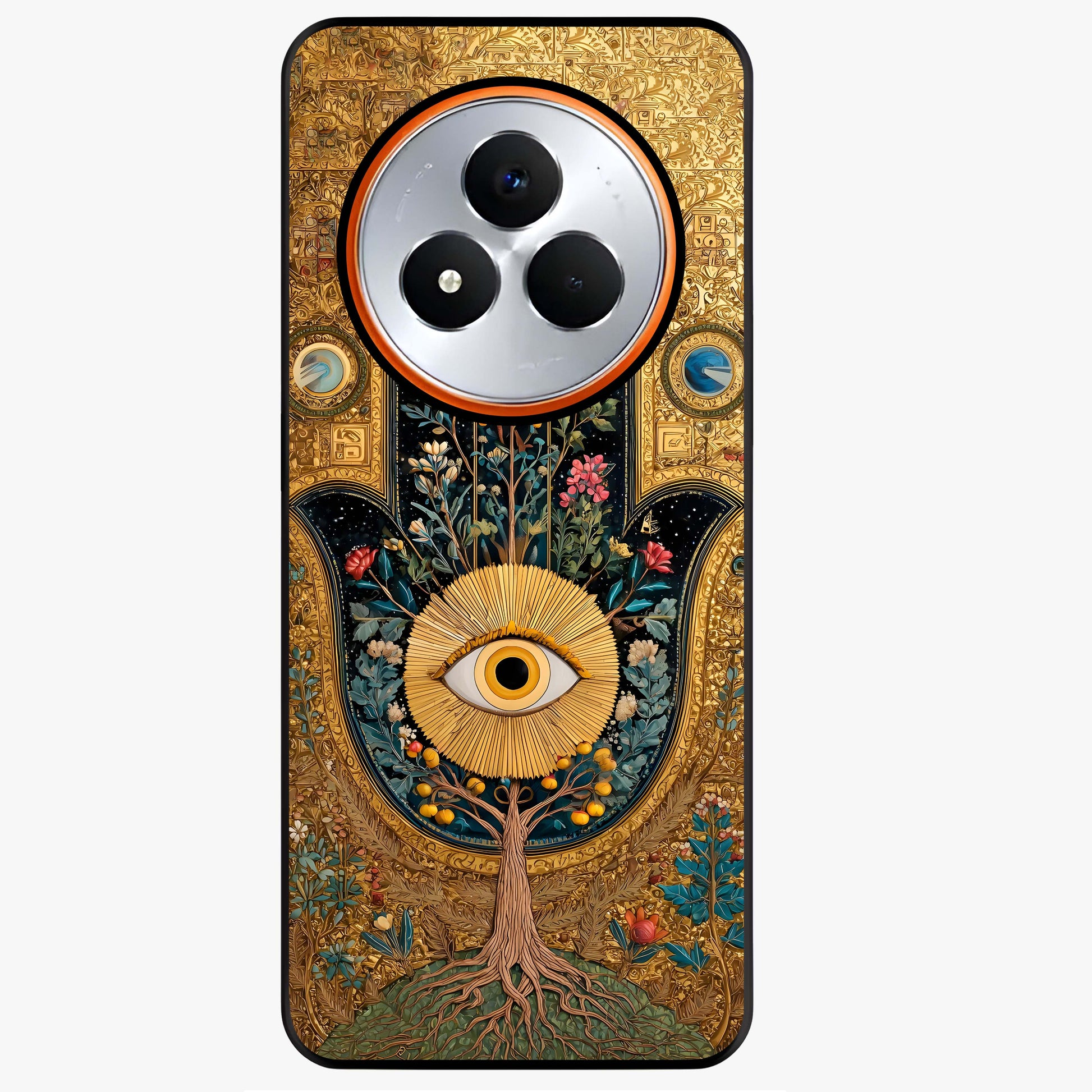 Ethereal Evil Eye Glass Case showing flat back view with mystical evil eye artwork and glossy glass finish.