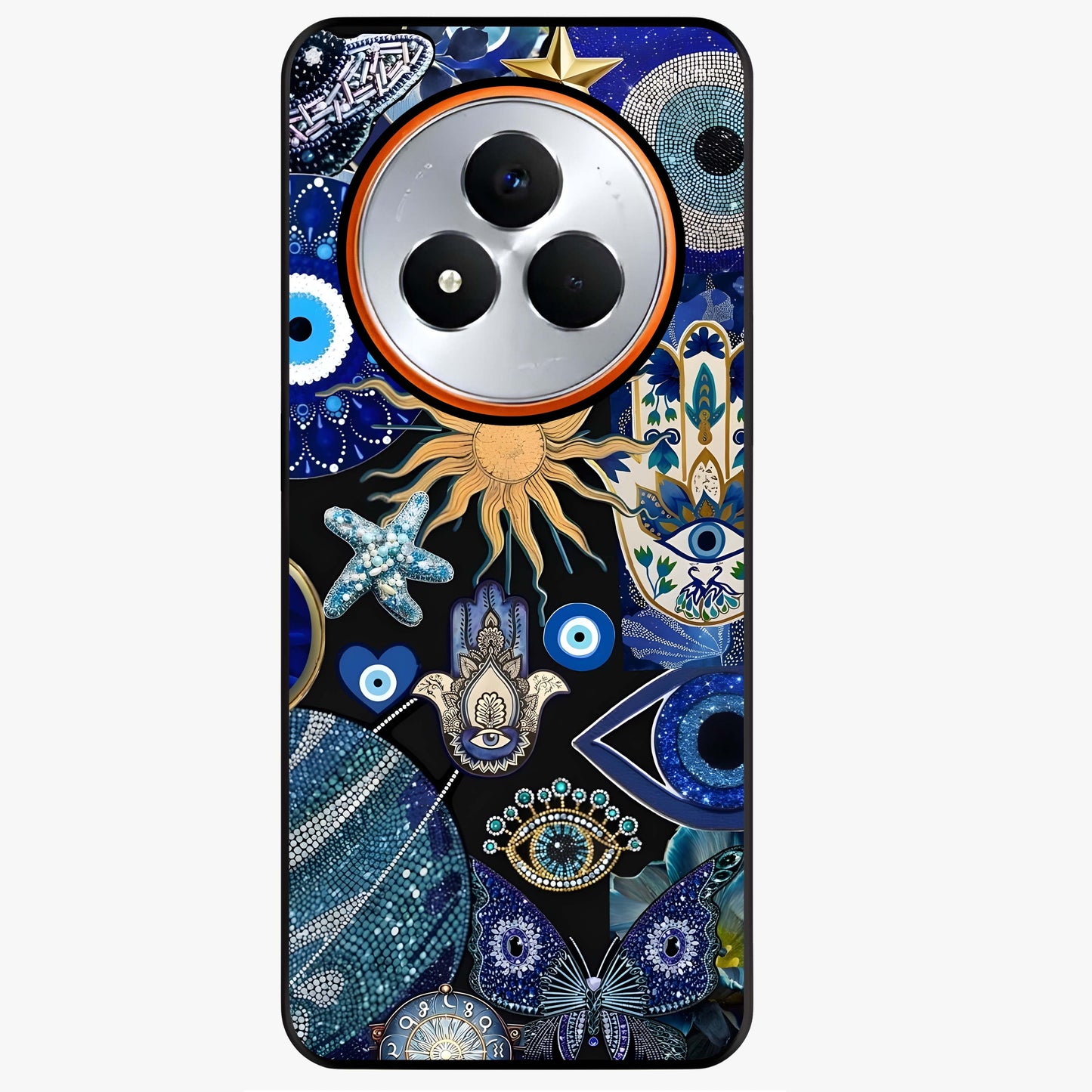 Evil Eye Charm Mix Glass Case showing flat back view with multiple evil eye charms artwork and glossy glass finish.