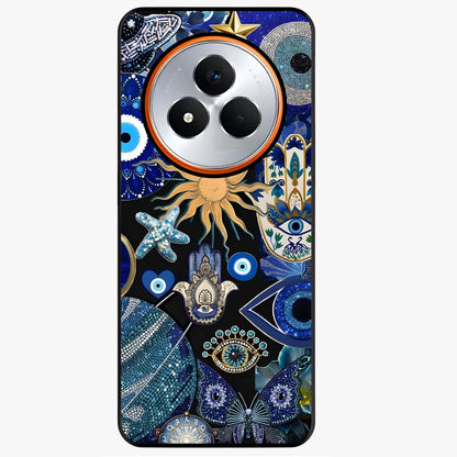 Evil Eye Charm Mix Glass Case showing flat back view with multiple evil eye charms artwork and glossy glass finish.