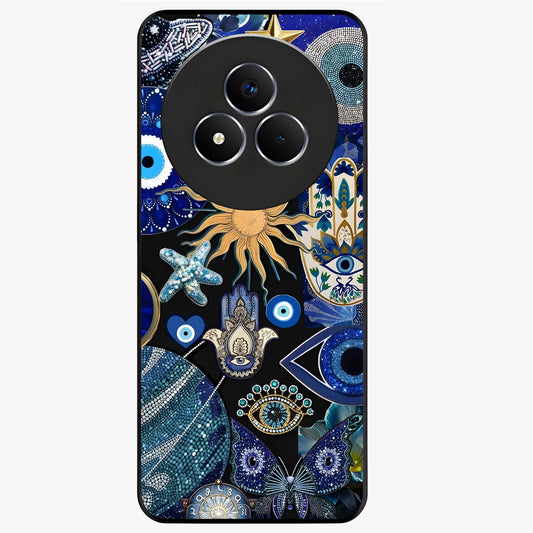 Evil Eye Charm Mix Glass Case showing flat back view with multiple evil eye charms artwork and glossy glass finish.