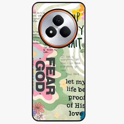Faith Over Fear Glass Case showing flat back view with motivational typography artwork and glossy glass finish.