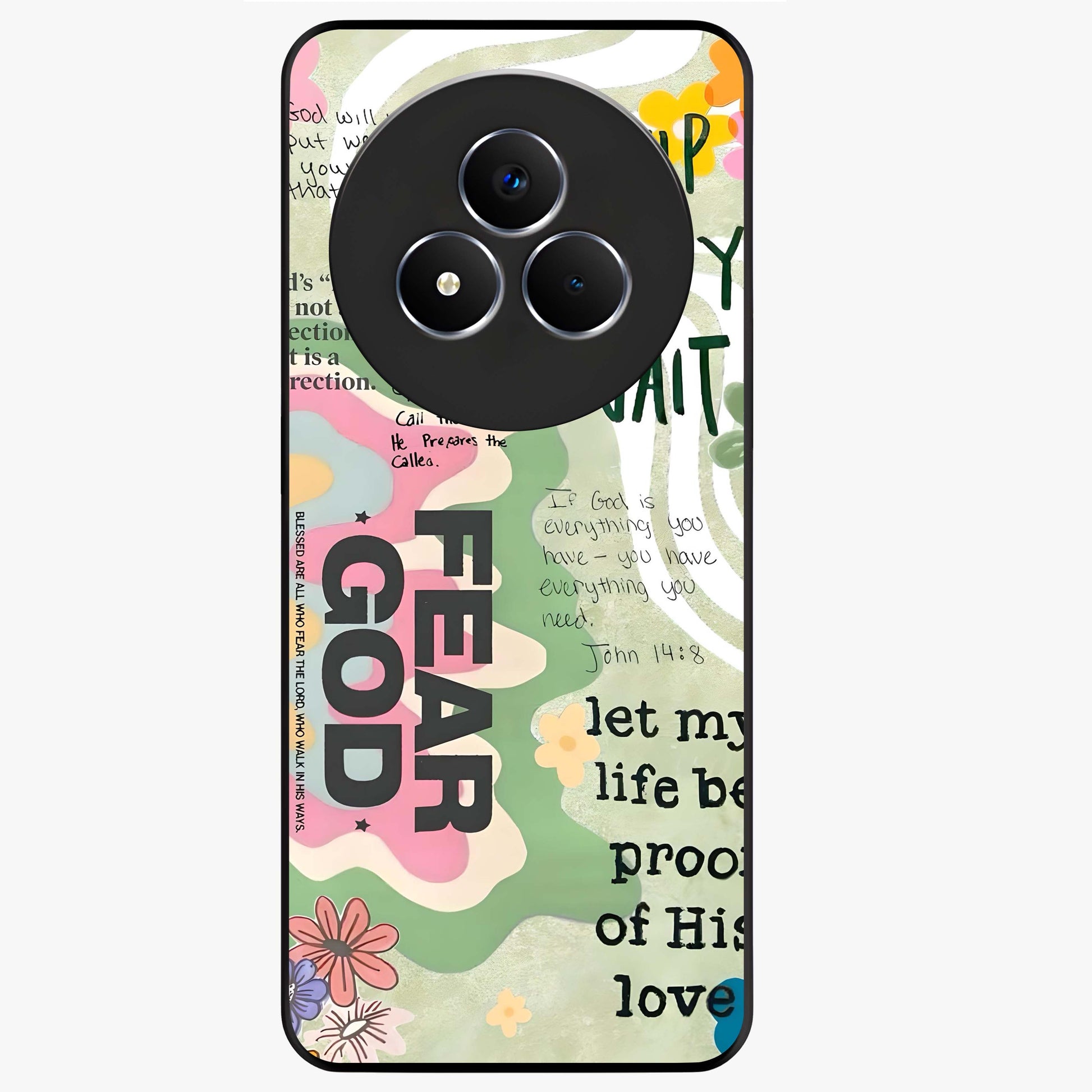 Faith Over Fear Glass Case showing flat back view with motivational typography artwork and glossy glass finish.