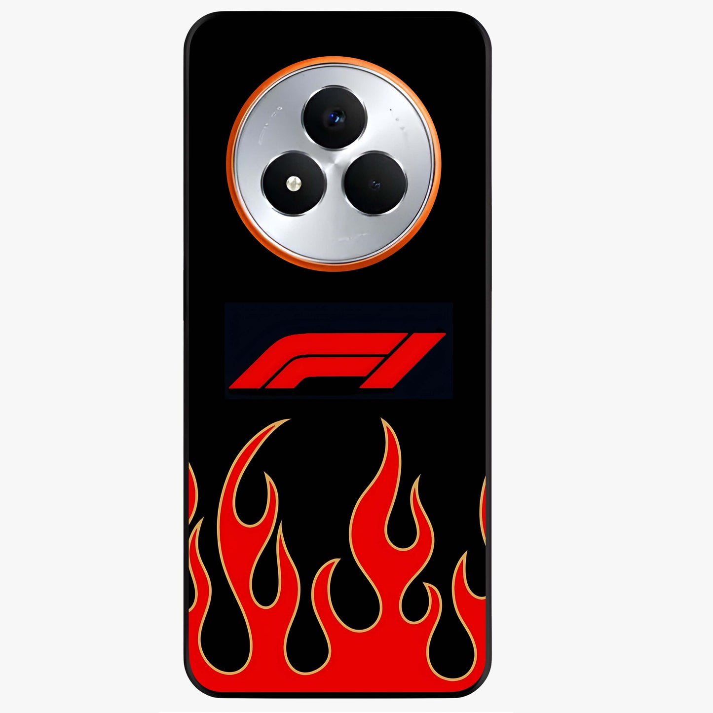 Fire F11 Glass Case showing flat back view with fiery themed artwork and glossy glass finish.