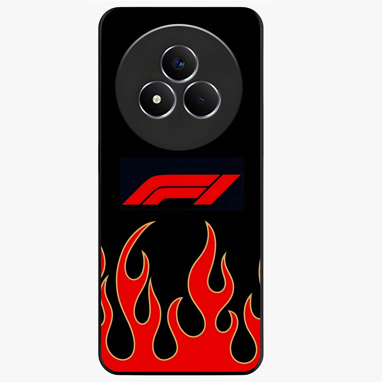 Fire F11 Glass Case showing flat back view with fiery themed artwork and glossy glass finish.