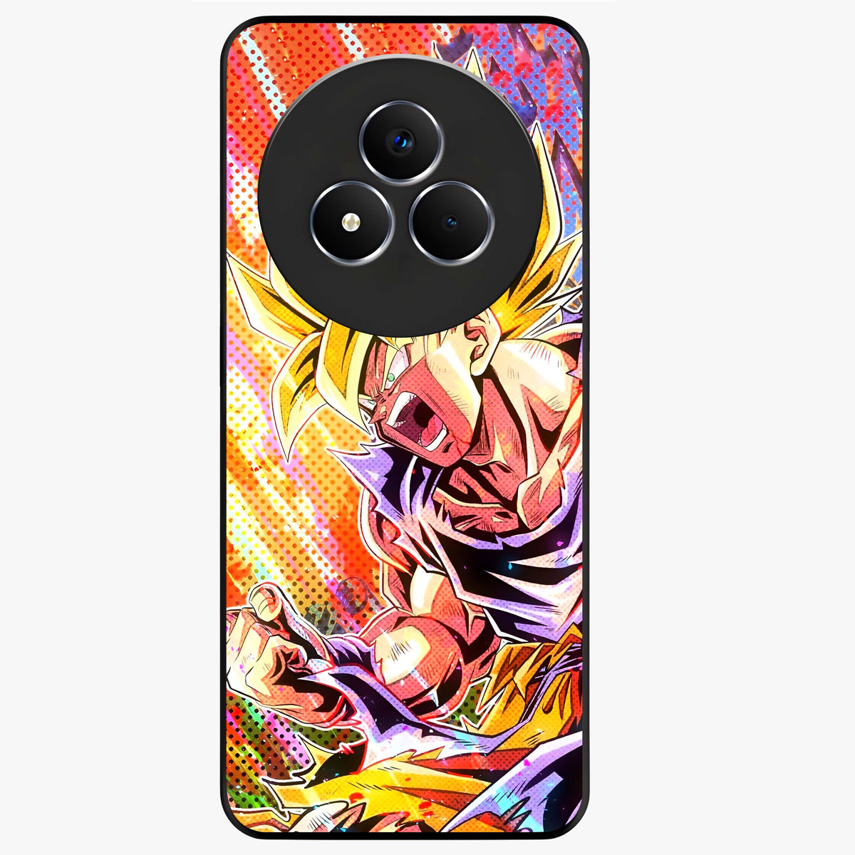 Firing Goku Glass Case showing flat back view with powerful anime inspired artwork and glossy glass finish.