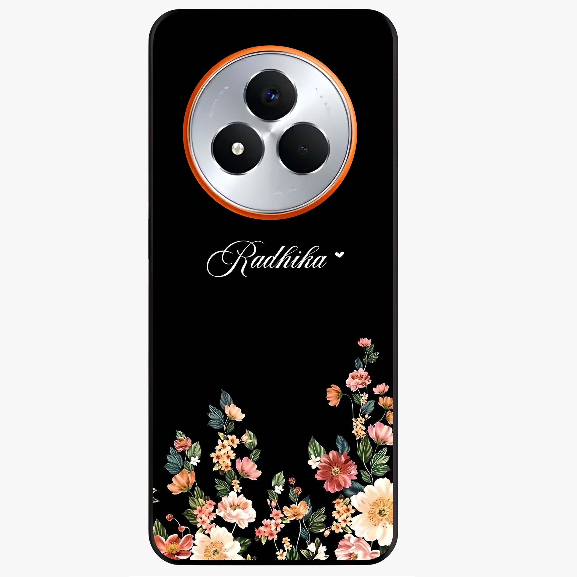 Floral Design With a Custom Personalized Name Glass Case showing flat back view with floral artwork and personalized name design.