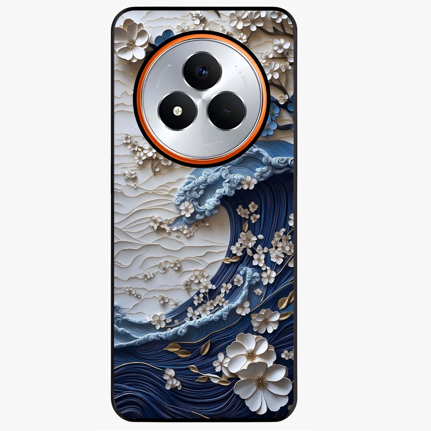 Floral Wave Origami Glass Case showing flat back view with origami inspired floral wave artwork and glossy glass finish.
