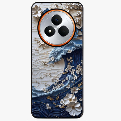 Floral Wave Origami Glass Case showing flat back view with origami inspired floral wave artwork and glossy glass finish.