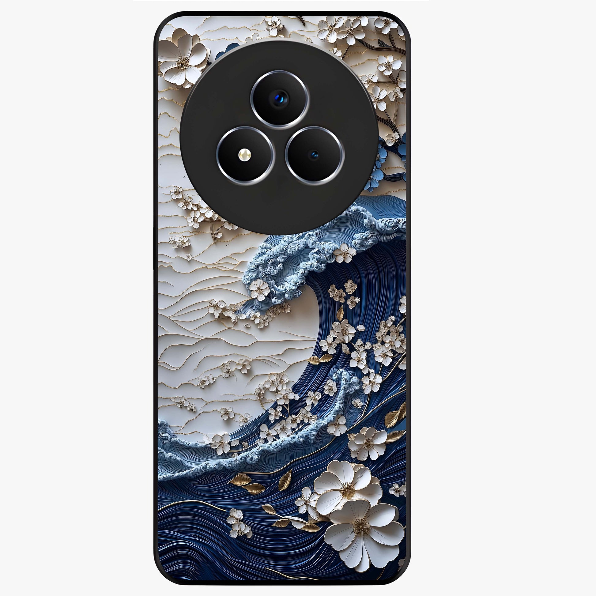 Floral Wave Origami Glass Case showing flat back view with origami inspired floral wave artwork and glossy glass finish.