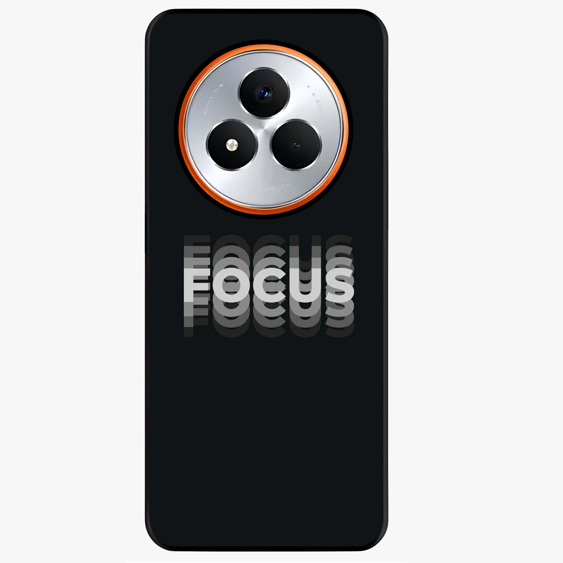Focus Mode On Glass Case showing flat back view with bold motivational typography design and glossy glass finish.