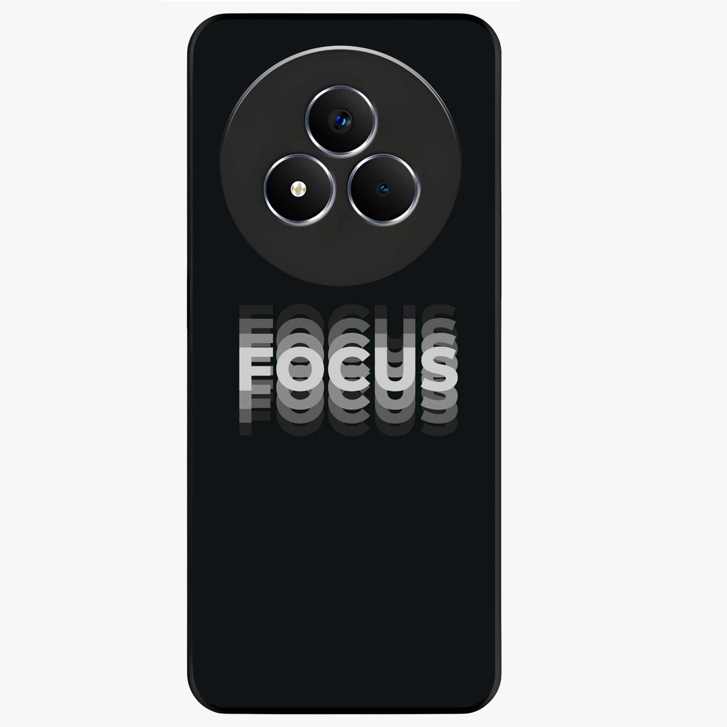 Focus Mode On Glass Case showing flat back view with bold motivational typography design and glossy glass finish.