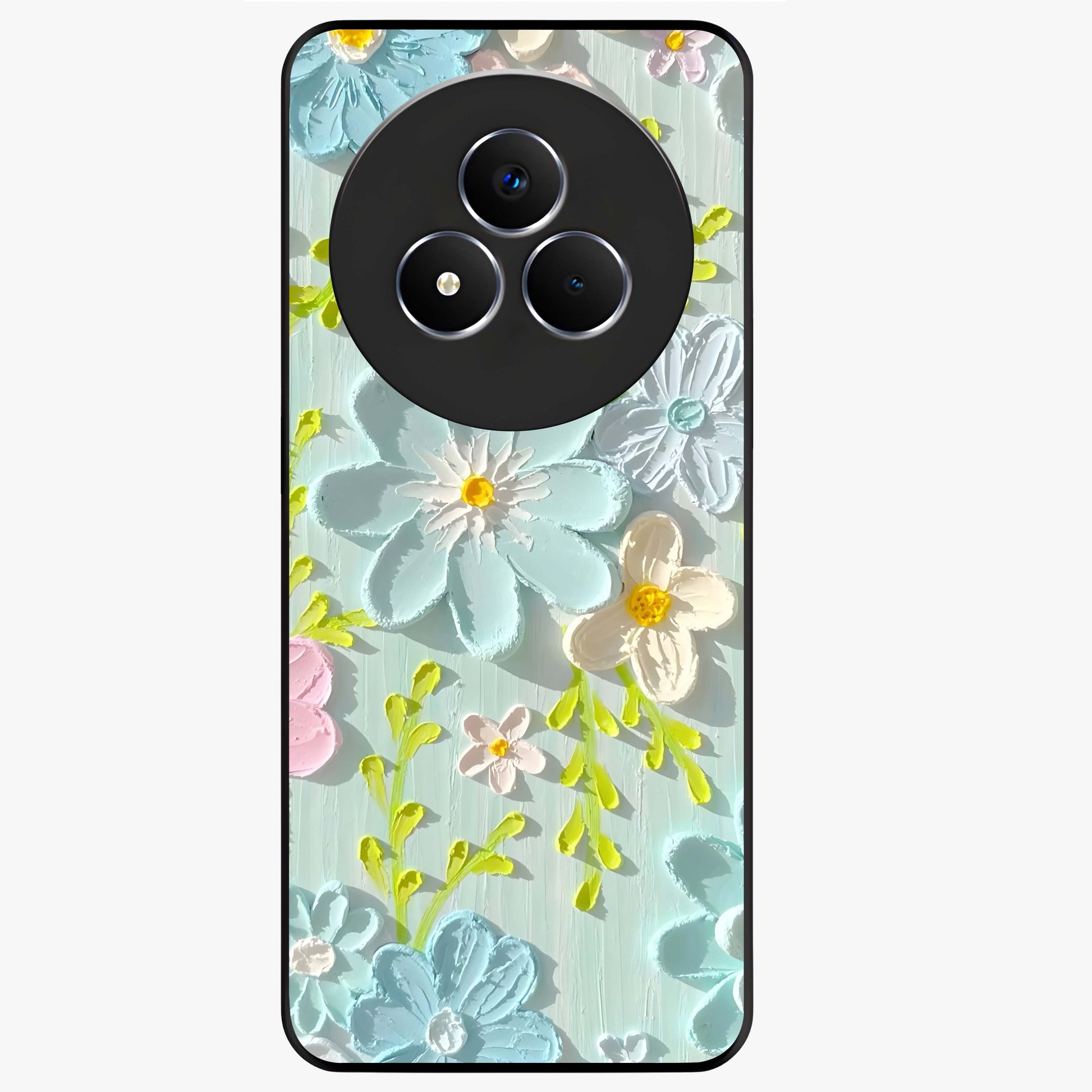 Frosted Petal Garden Glass Case showing flat back view with soft frosted floral artwork and glossy glass finish.