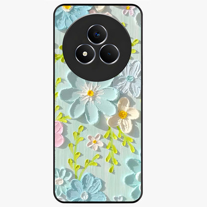 Frosted Petal Garden Glass Case showing flat back view with soft frosted floral artwork and glossy glass finish.